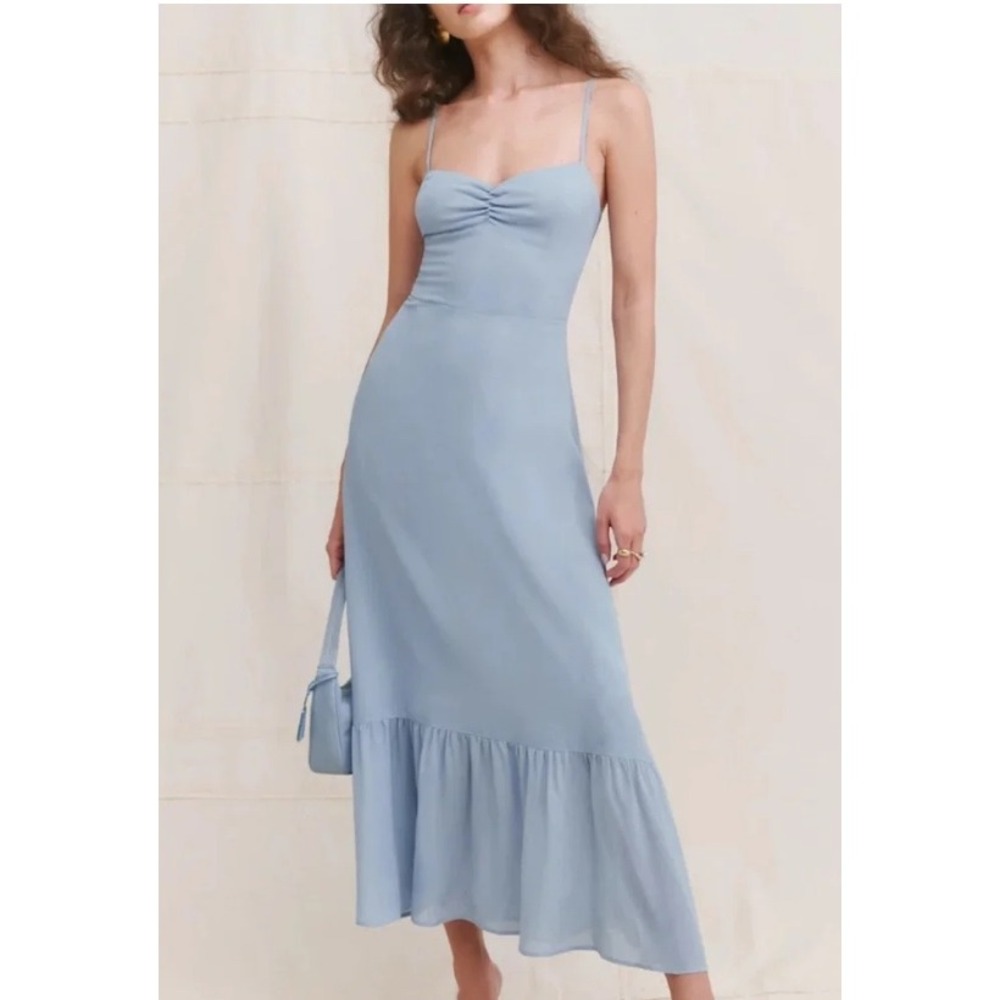 Reformation Emersyn Midi Dress Light Blue Ruffle Hem Smocked Back Size 4